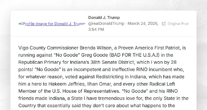 Donald J. Trump: "Vigo County Commissioner Brenda Wilson, a Proven America First Patriot, is r...
