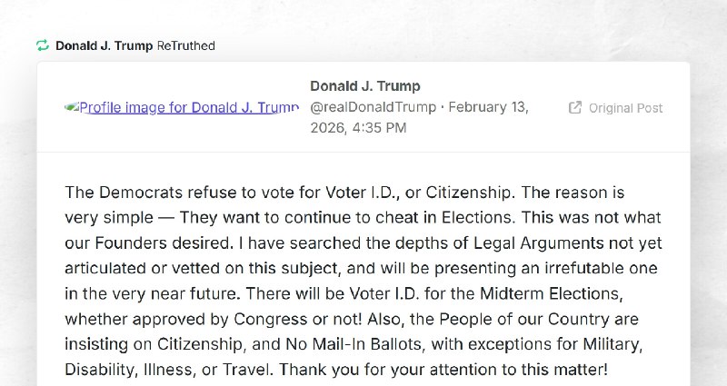 Donald J. Trump: "RT @realDonaldTrumpThe Democrats refuse to vote for Voter I.D., or Citizensh...