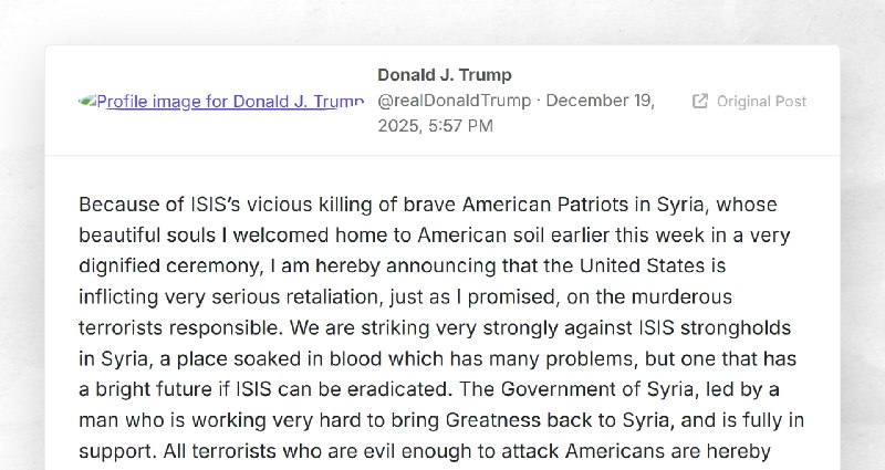 Donald J. Trump: "Because of ISIS’s vicious killing of brave American Patriots in Syria, whose...