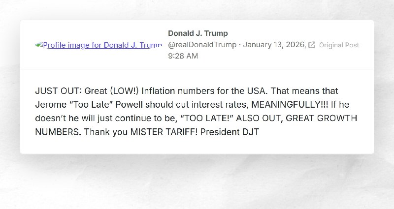 Donald J. Trump: "JUST OUT: Great (LOW!) Inflation numbers for the USA. That means that Jerome...
