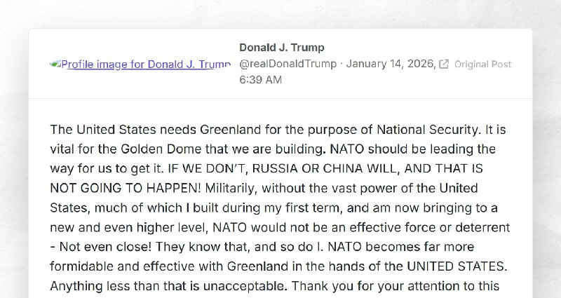 Donald J. Trump: "The United States needs Greenland for the purpose of National Security. It i...