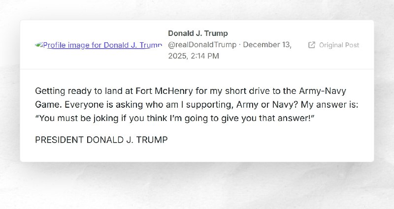 Donald J. Trump: "Getting ready to land at Fort McHenry for my short drive to the Army-Navy Ga...