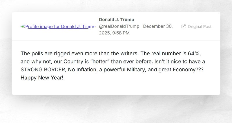 Donald J. Trump: "The polls are rigged even more than the writers. The real number is 64%, and...