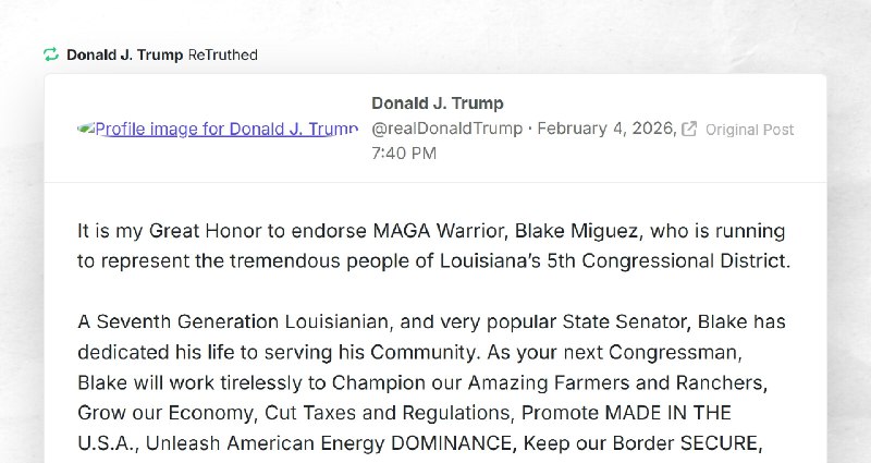 Donald J. Trump: "RT @realDonaldTrumpIt is my Great Honor to endorse MAGA Warrior, Blake Migue...