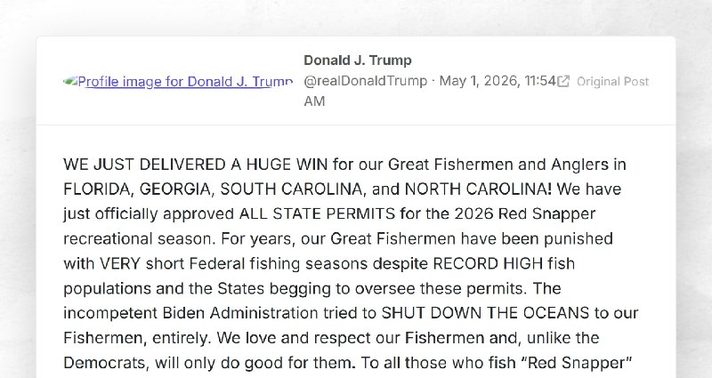 Donald J. Trump: "WE JUST DELIVERED A HUGE WIN for our Great Fishermen and Anglers in FLORIDA,...