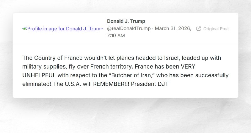 Donald J. Trump: "The Country of France wouldn’t let planes headed to Israel, loaded up with m...