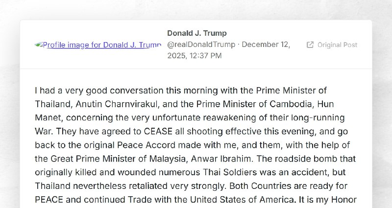 Donald J. Trump: "I had a very good conversation this morning with the Prime Minister of Thail...