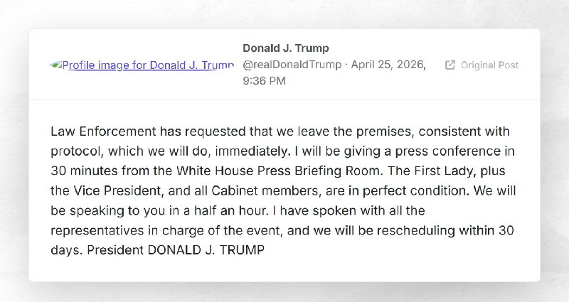 Donald J. Trump: "Law Enforcement has requested that we leave the premises, consistent with pr...