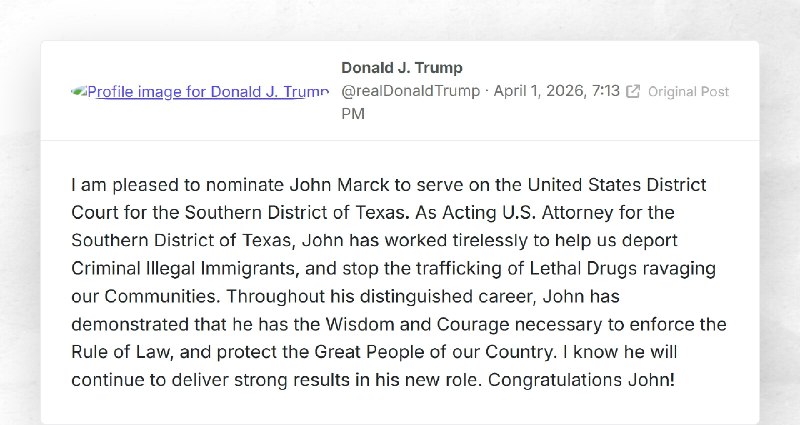 Donald J. Trump: "I am pleased to nominate John Marck to serve on the United States District C...