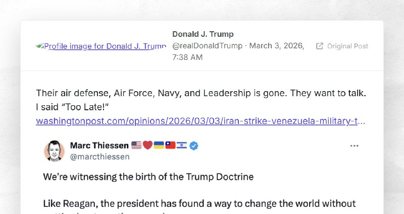 Donald J. Trump: "Their air defense, Air Force, Navy, and Leadership is gone. They want to tal...