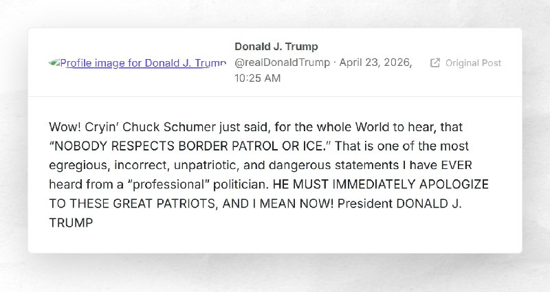 Donald J. Trump: "Wow! Cryin’ Chuck Schumer just said, for the whole World to hear, that “NOBO...