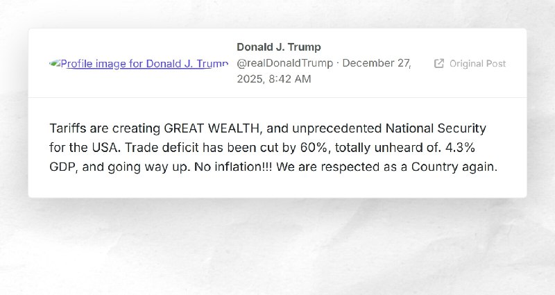 Donald J. Trump: "Tariffs are creating GREAT WEALTH, and unprecedented National Security for t...