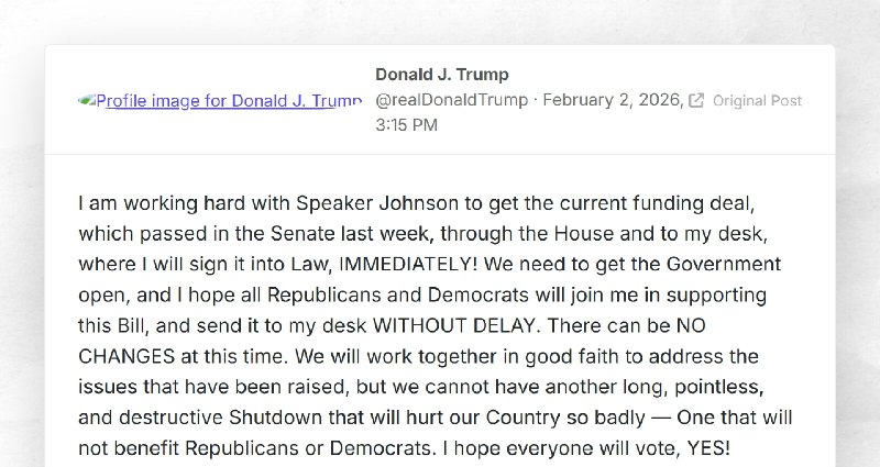 Donald J. Trump: "I am working hard with Speaker Johnson to get the current funding deal, whic...