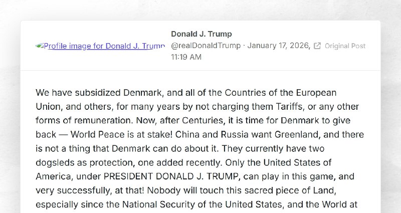 Donald J. Trump: "We have subsidized Denmark, and all of the Countries of the European Union, ...