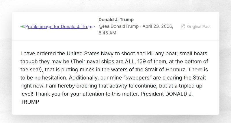 Donald J. Trump: "I have ordered the United States Navy to shoot and kill any boat, small boat...
