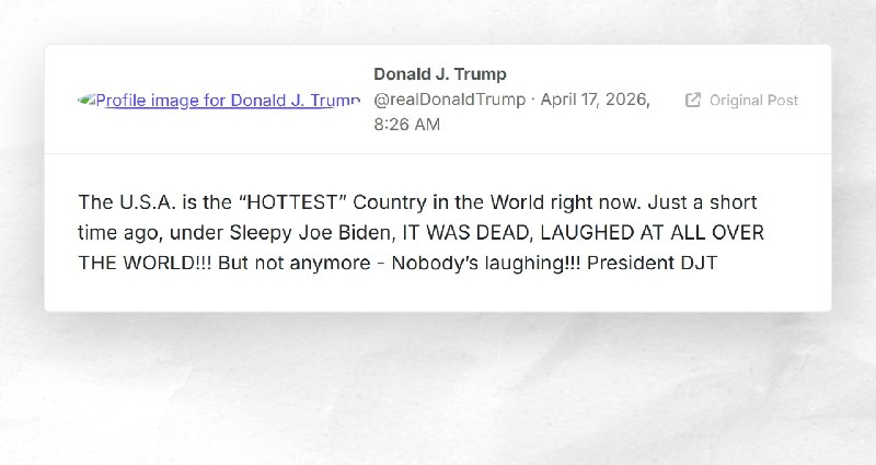 Donald J. Trump: "The U.S.A. is the “HOTTEST” Country in the World right now. Just a short tim...