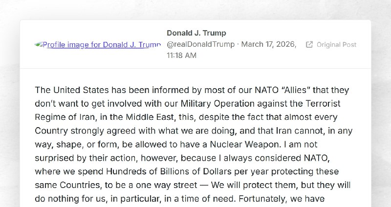 Donald J. Trump: "The United States has been informed by most of our NATO “Allies” that they d...