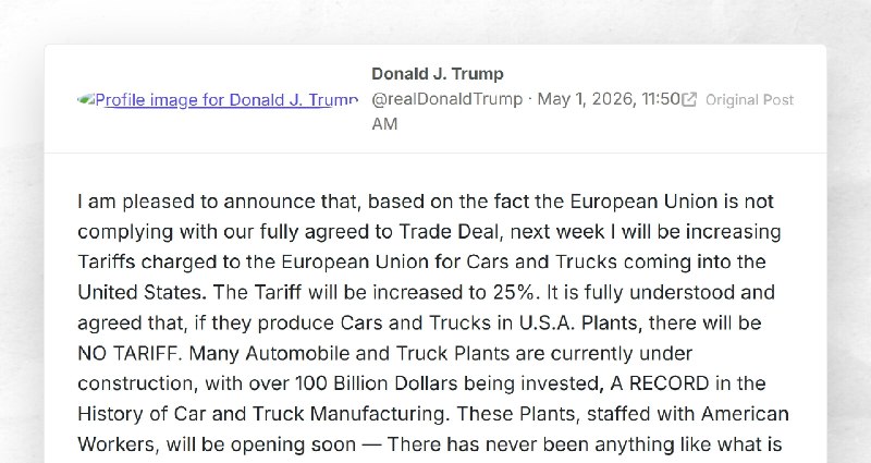 Donald J. Trump: "I am pleased to announce that, based on the fact the European Union is not c...