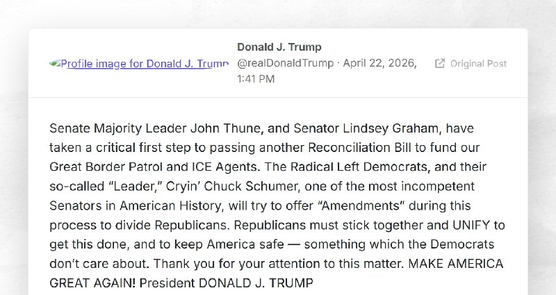Donald J. Trump: "Senate Majority Leader John Thune, and Senator Lindsey Graham, have taken a ...