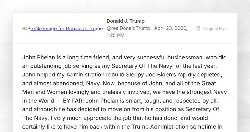 Donald J. Trump: "John Phelan is a long time friend, and very successful businessman, who did ...