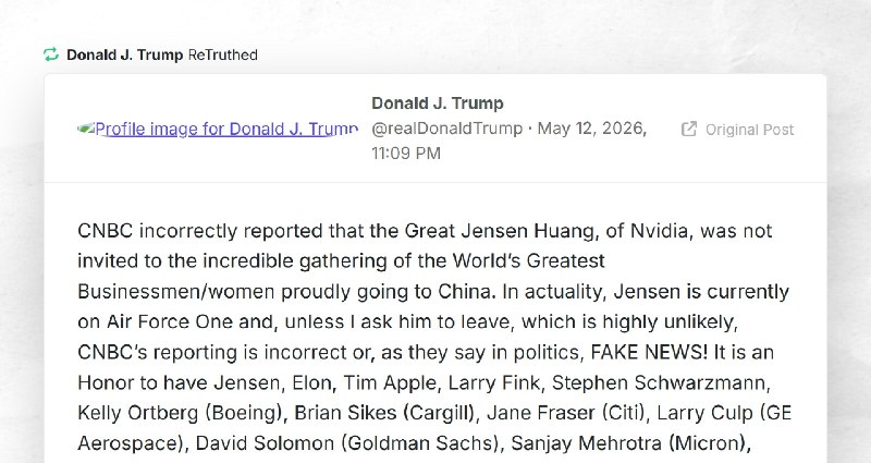 Donald J. Trump: "RT @realDonaldTrumpCNBC incorrectly reported that the Great Jensen Huang, of...