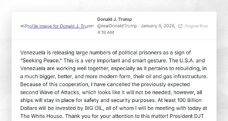 Donald J. Trump: "Venezuela is releasing large numbers of political prisoners as a sign of “Se...
