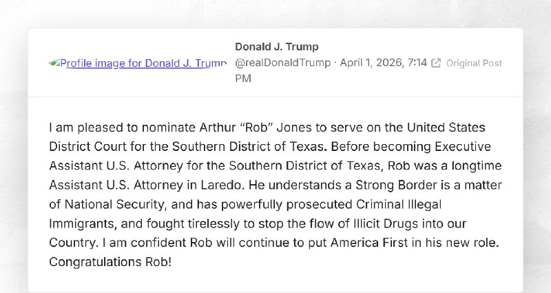 Donald J. Trump: "I am pleased to nominate Arthur “Rob” Jones to serve on the United States Di...