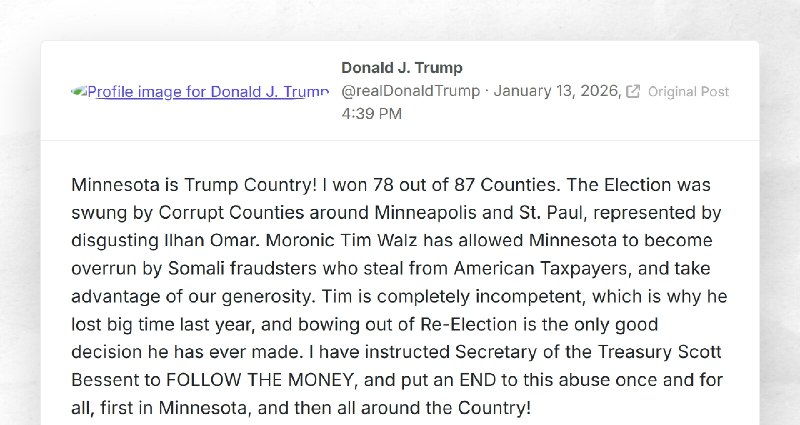 Donald J. Trump: "Minnesota is Trump Country! I won 78 out of 87 Counties. The Election was sw...