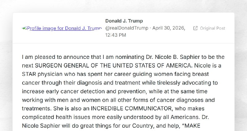 Donald J. Trump: "I am pleased to announce that I am nominating Dr.&nbsp;Nicole&nbsp;B. Saphier to be th...
