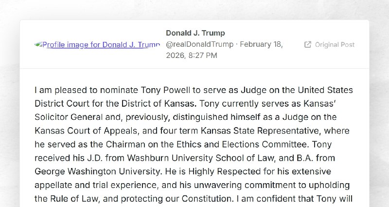 Donald J. Trump: "I am pleased to nominate Tony Powell to serve as Judge on the United States ...