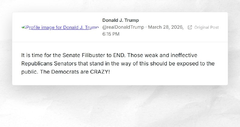 Donald J. Trump: "It is time for the Senate Filibuster to END. Those weak and ineffective Repu...