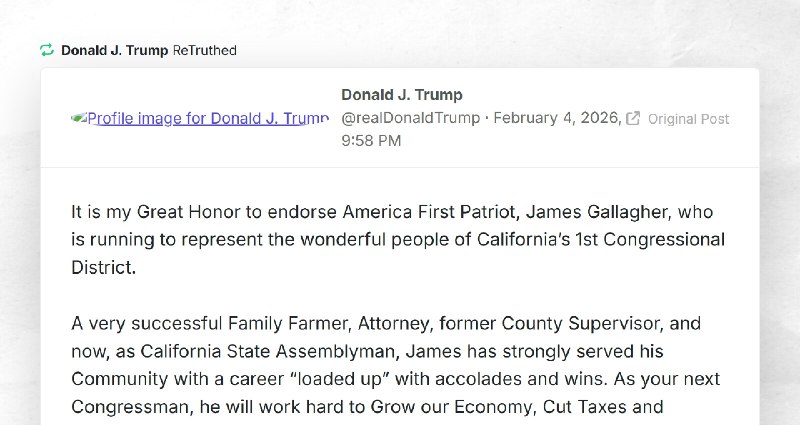Donald J. Trump: "RT @realDonaldTrumpIt is my Great Honor to endorse America First Patriot, Ja...