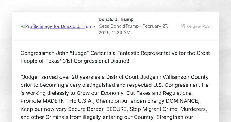 Donald J. Trump: "Congressman John “Judge” Carter is a Fantastic Representative for the Great ...