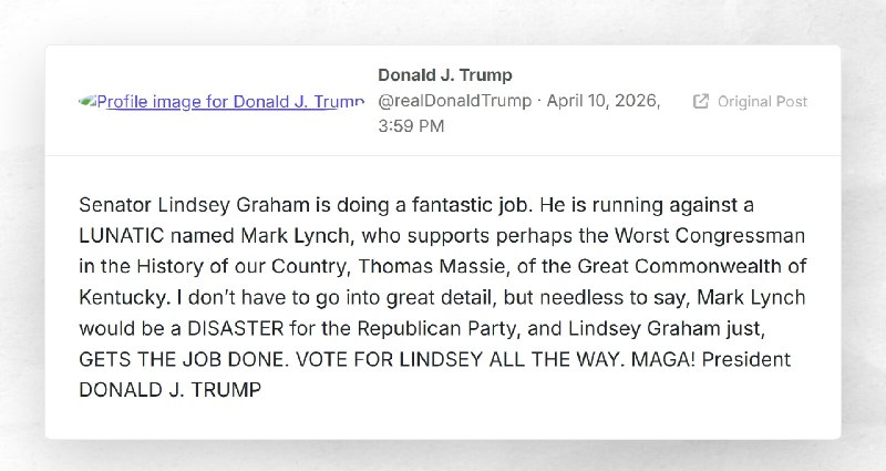 Donald J. Trump: "Senator Lindsey Graham is doing a fantastic job. He is running against a LUN...