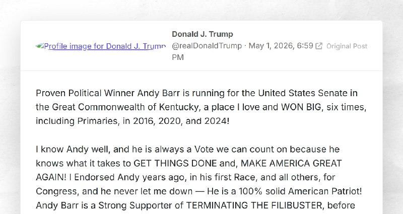 Donald J. Trump: "Proven Political Winner Andy Barr is running for the United States Senate in...