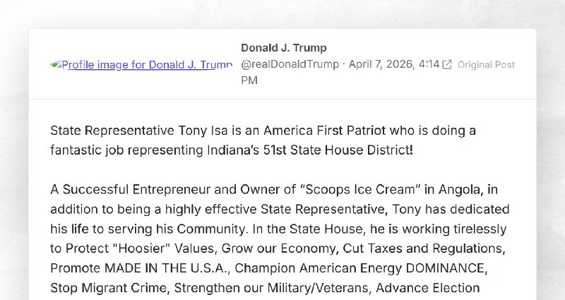 Donald J. Trump: "State Representative Tony Isa is an America First Patriot who is doing a fan...