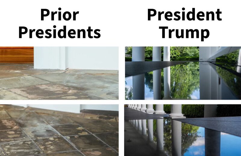 The old, broken, slate floor on the Walkway going to the Oval Office from the White House. The new granite floor replacing the old slate going to the Oval! President DONALD J. TRUMP2026-05-16 16:58 UTCLink