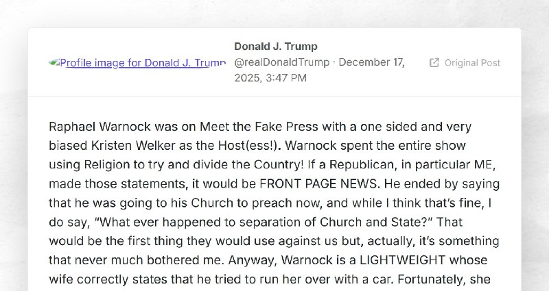 Donald J. Trump: "Raphael Warnock was on Meet the Fake Press with a one sided and very biased ...