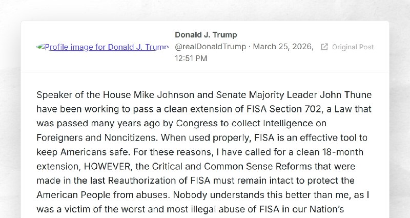 Donald J. Trump: "Speaker of the House Mike Johnson and Senate Majority Leader John Thune have...