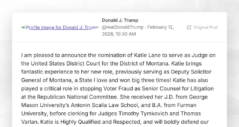 Donald J. Trump: "I am pleased to announce the nomination of Katie Lane to serve as Judge on t...