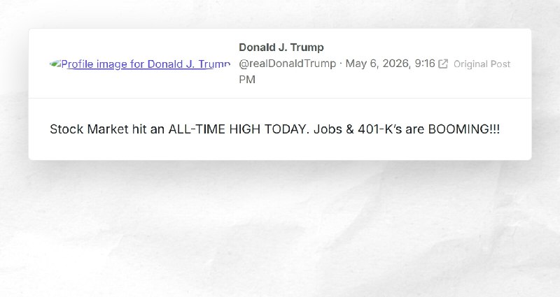 Donald J. Trump: "Stock Market hit an ALL-TIME HIGH TODAY. Jobs & 401-K’s are BOOMING!!!"