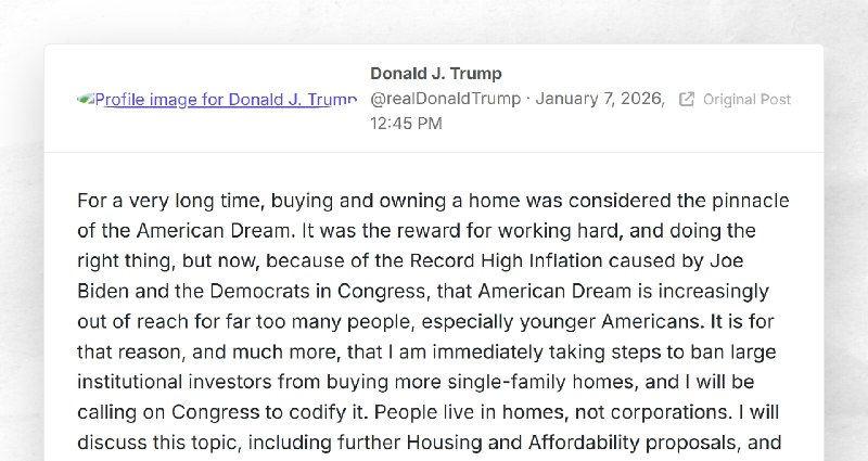 Donald J. Trump: "For a very long time, buying and owning a home was considered the pinnacle o...