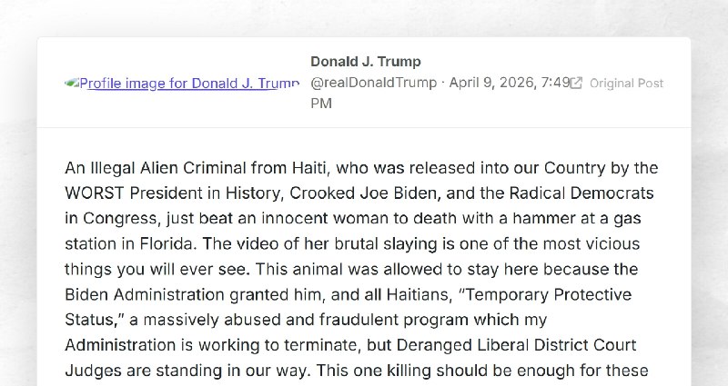 Donald J. Trump: "An Illegal Alien Criminal from Haiti, who was released into our Country by t...