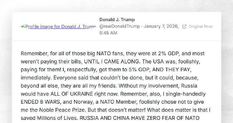 Donald J. Trump: "Remember, for all of those big NATO fans, they were at 2% GDP, and most were...