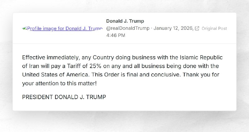 Donald J. Trump: "Effective immediately, any Country doing business with the Islamic Republic ...