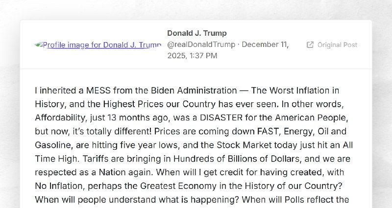 Donald J. Trump: "I inherited a MESS from the Biden Administration — The Worst Inflation in Hi...