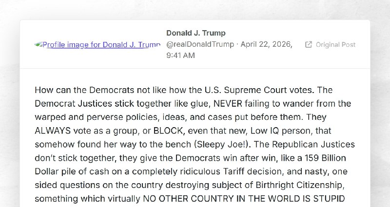 Donald J. Trump: "How can the Democrats not like how the U.S. Supreme Court votes. The Democra...