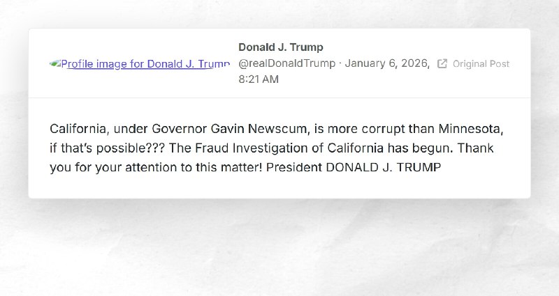 Donald J. Trump: "California, under Governor Gavin Newscum, is more corrupt than Minnesota, if...