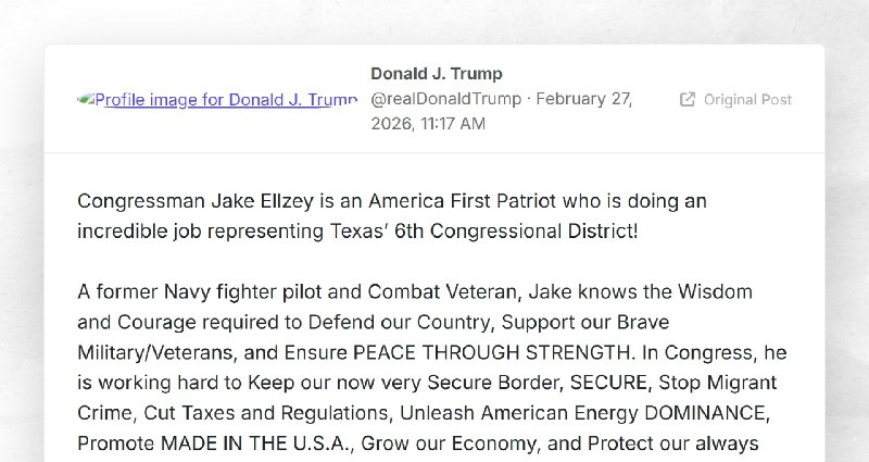 Donald J. Trump: "Congressman Jake Ellzey is an America First Patriot who is doing an incredib...