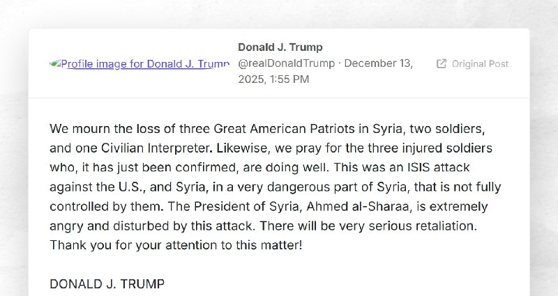 Donald J. Trump: "We mourn the loss of three Great American Patriots in Syria, two soldiers, a...
